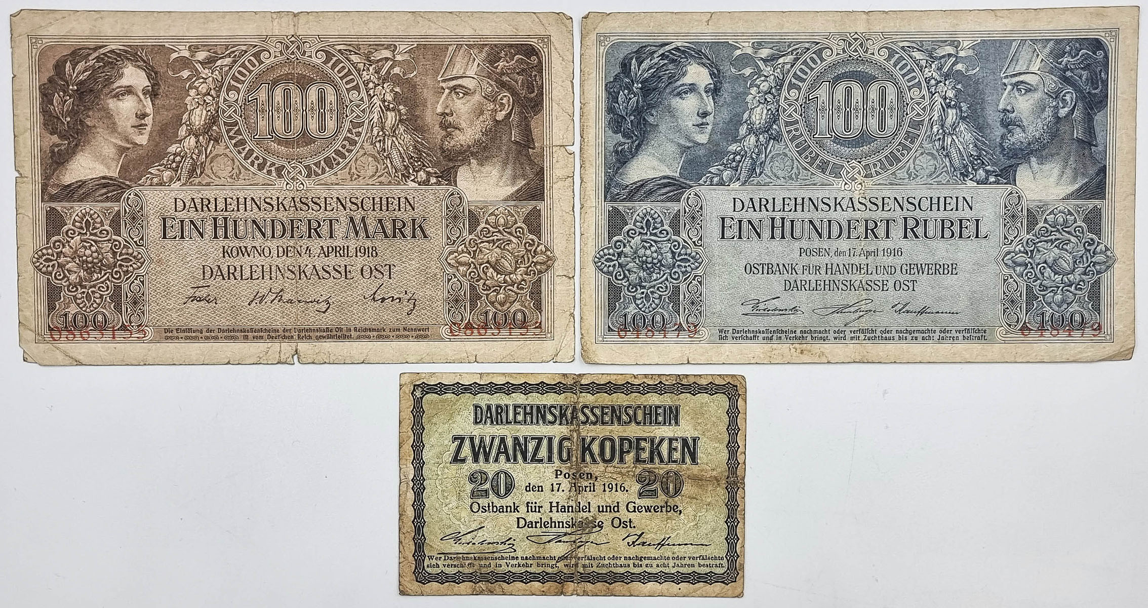 Polska - niemieckie władze okupacyjne - OST. 20 kopiejek, 100 rubli 1916, Poznań i 100 marek 1918, Kowno